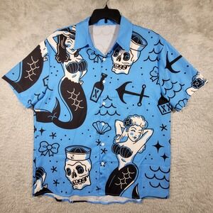 Tattoo Flash Mermaid Skull Anchor Nautical Shirt Mens XL Blue Button Up